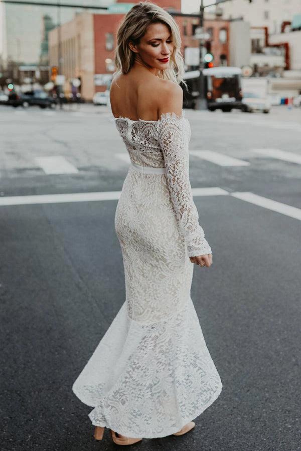 Mermaid Off-the-Shoulder High Low Lace Wedding Dress with Long Sleeves (ZD16371)