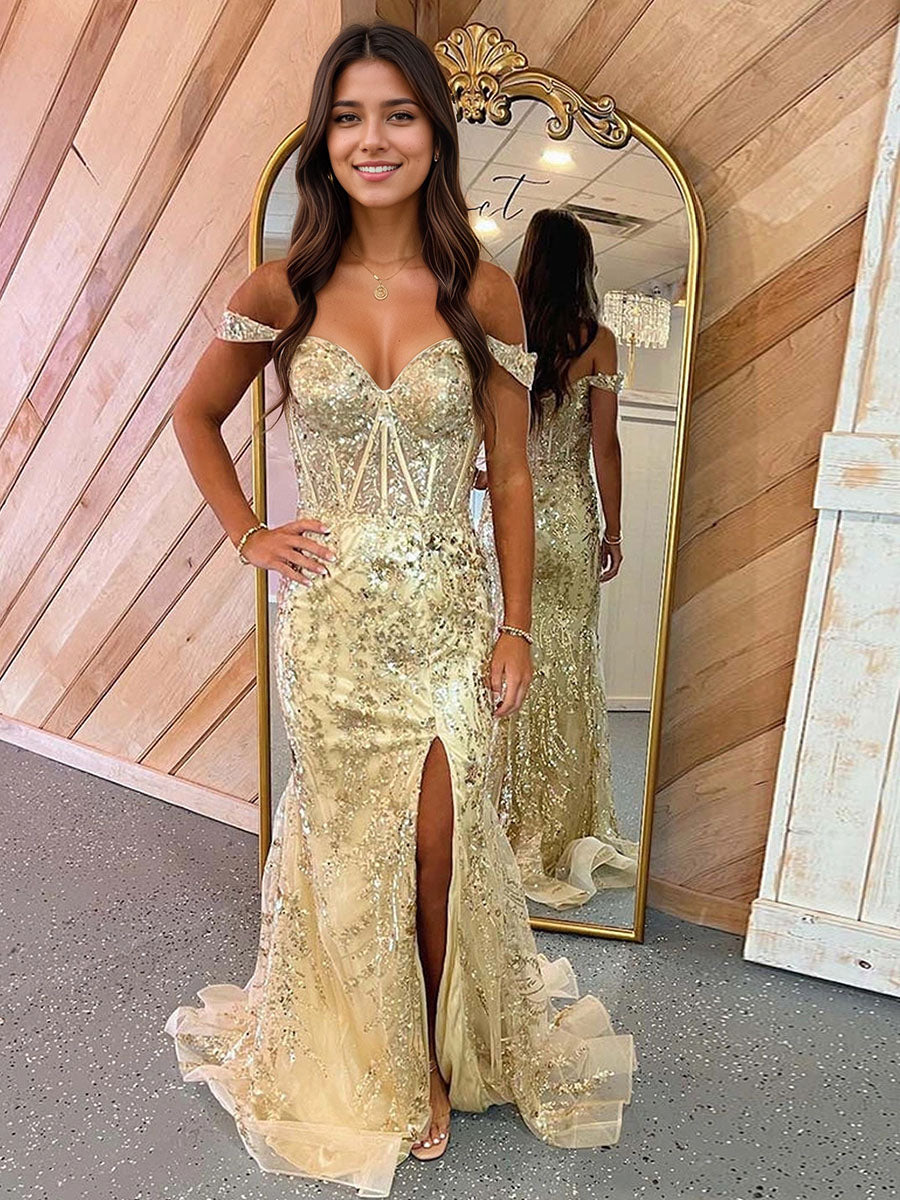 Mermaid Off-the-Shoulder Sequin Lace Long Porm Dress with Slit - VelvetHem