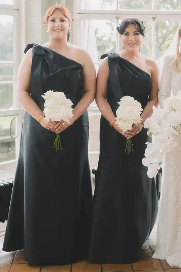 Mermaid One-Shoulder Bow Strap Black Bridesmaid Dress (ZD12835) - VelvetHem