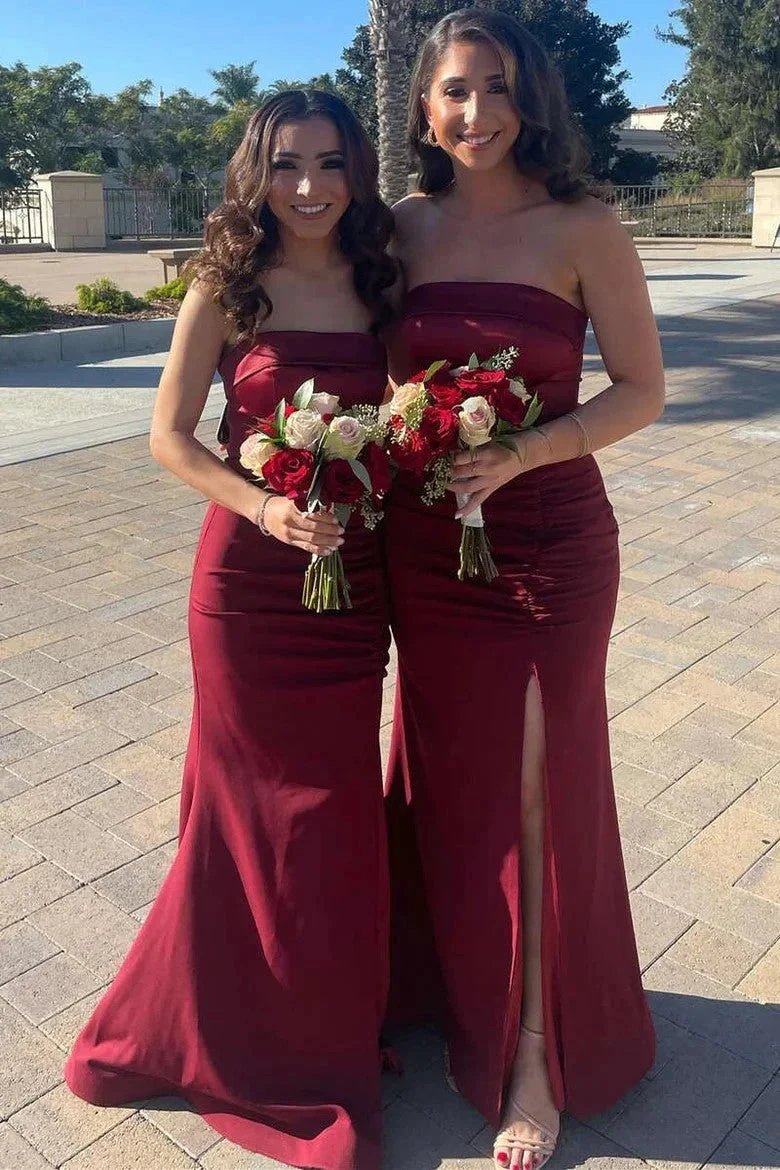 Mermaid Satin Strapless Burgundy Bridesmaid Dress with Slit (ZD12836) - VelvetHem
