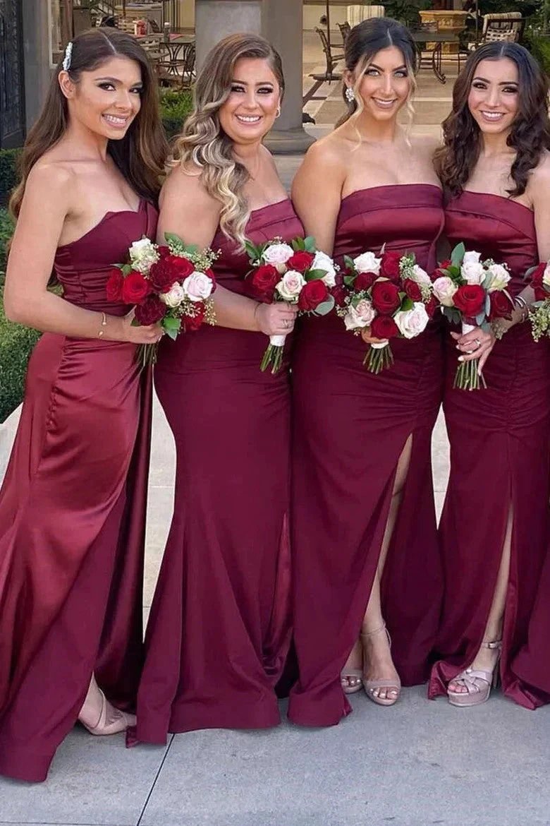 Mermaid Satin Strapless Burgundy Bridesmaid Dress with Slit (ZD12836)