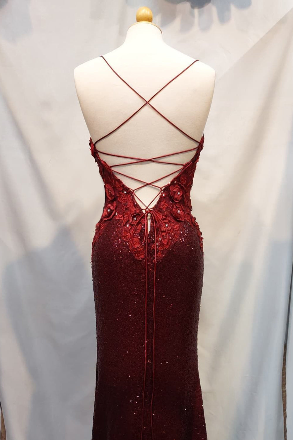 Mermaid Spaghetti Straps Burgundy Sequins Long Prom Dress with Appliques - View 2 | VelvetHem