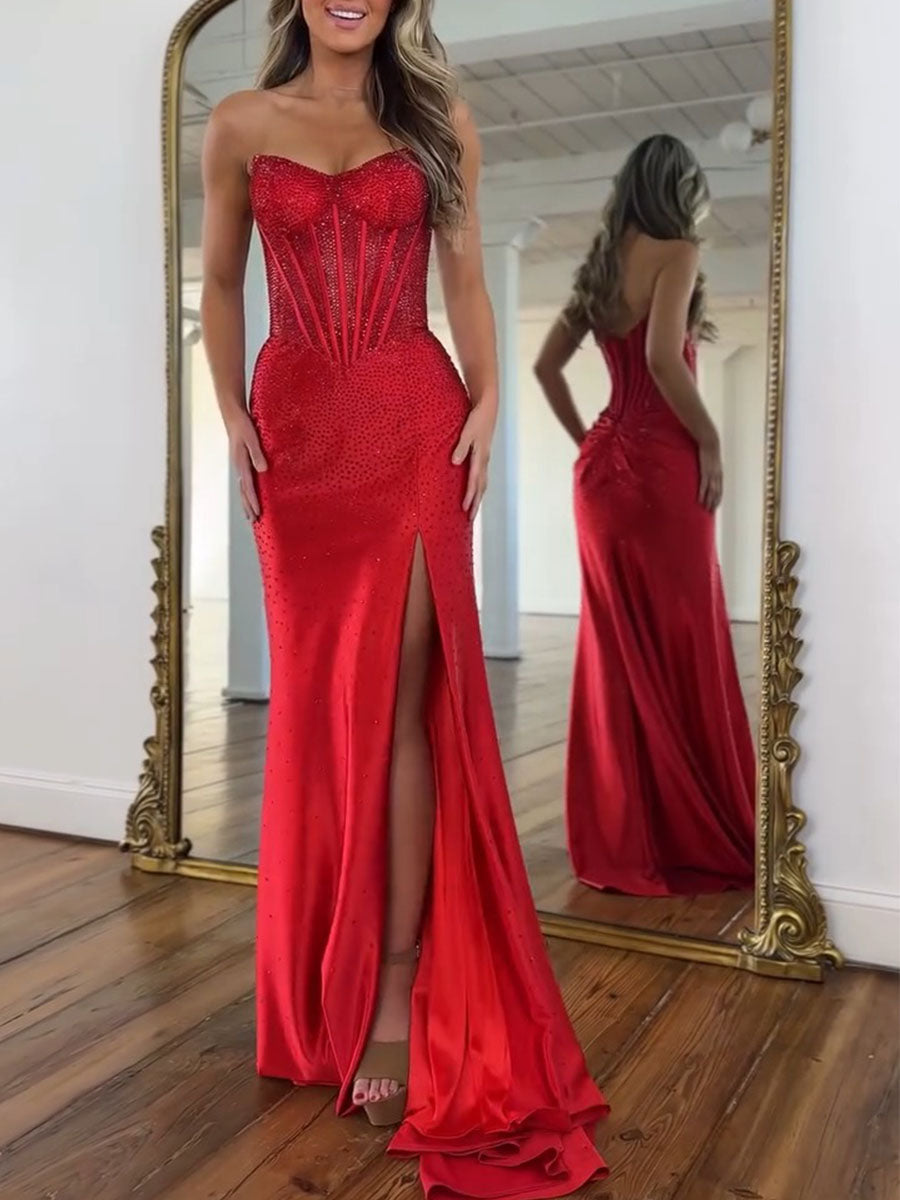Mermaid Strapless Corset Beaded Long Prom Dress with Slit - VelvetHem