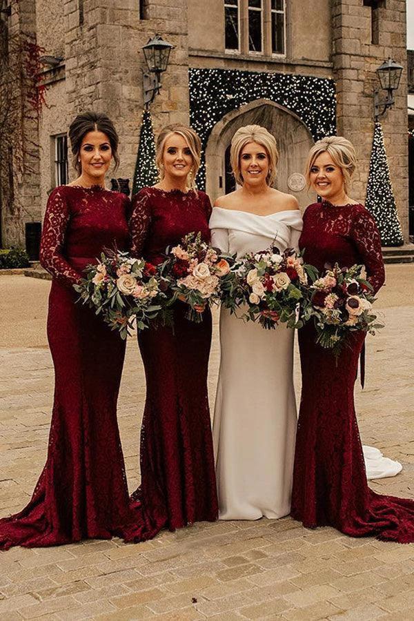 Mermaid Sweep Train Lace Long Sleeve Burgundy Bridesmaid Dresses (ZD13263) - VelvetHem