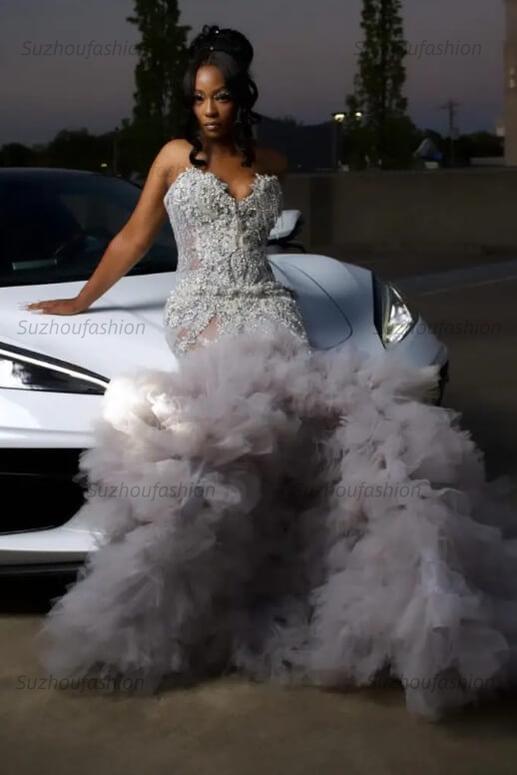 Mermaid Sweetheart Prom Dress Ruffled Sleeveless Formal Evening Gown with Rhinestones and Beadings