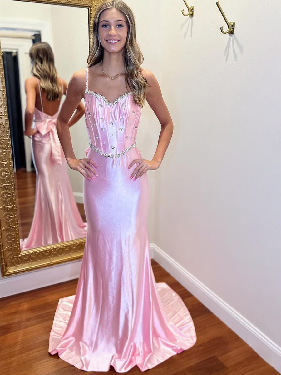 Mermaid Sweetheart Satin Long Prom Dress with Beading - VelvetHem
