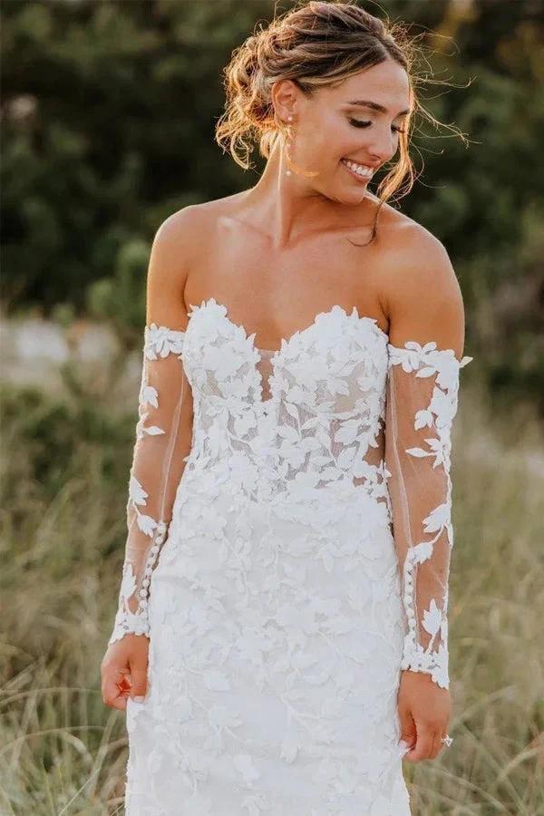 Mermaid Sweetheart Tulle Appliques Long Sleeve Wedding Dress (ZD16099) - VelvetHem