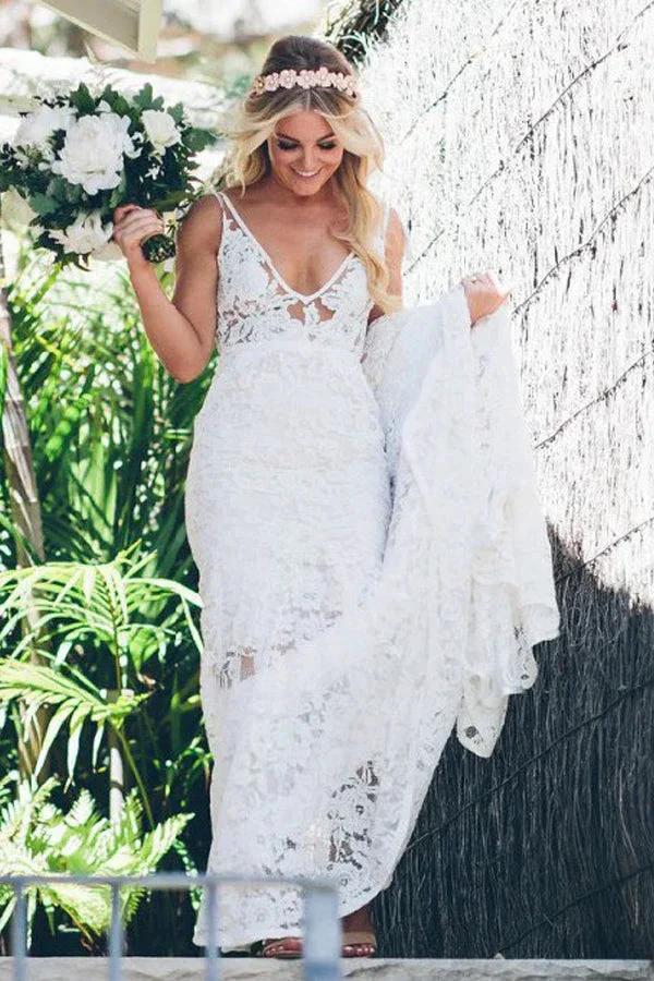 Mermaid V-neck Lace Wedding Dress With Sweep Train (ZD16133) - VelvetHem