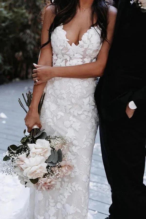 Mermaid V-neck Open Back Lace Appliques Bohemian Wedding Dresses (ZD16176)