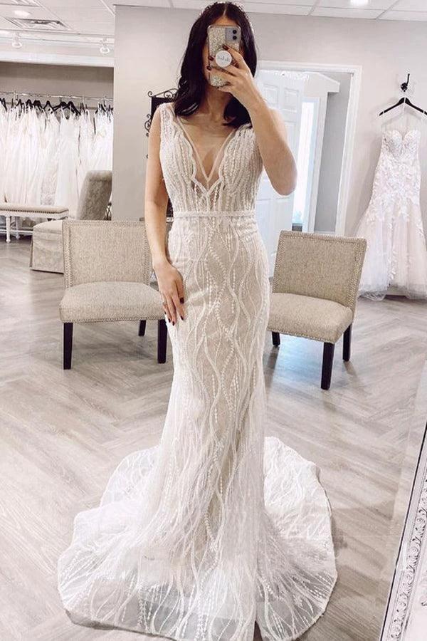 Mermaid V Neck Lace Wedding Dresses Backless Bridal Gown WD598 by pgmdress