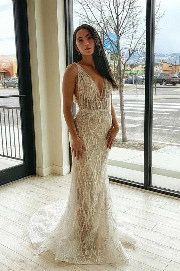 Mermaid V Neck Lace Wedding Dresses Backless Bridal Gown WD598 by pgmdress