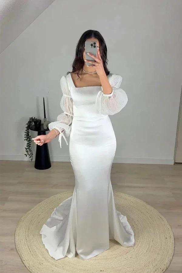 Mermaid White Square Neck Long Sleeves Wedding Dress (ZD16070) - VelvetHem