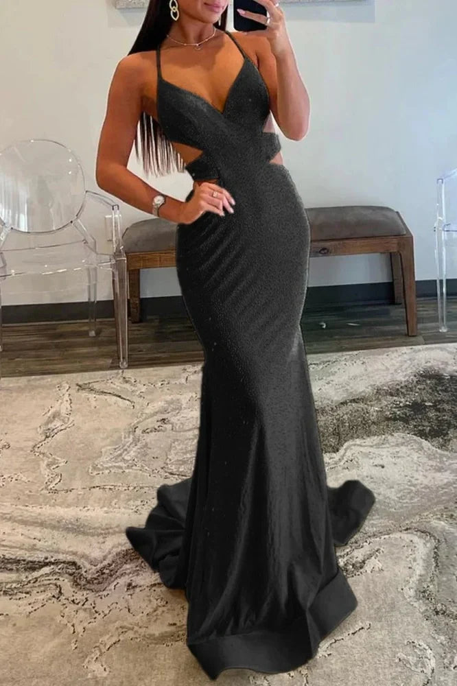 Yellow Mermaid Cutout Waist Lace Up Corset Long Beaded Prom Dress - View 15 | VelvetHem