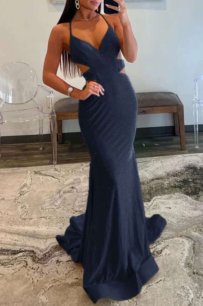 Yellow Mermaid Cutout Waist Lace Up Corset Long Beaded Prom Dress - View 13 | VelvetHem
