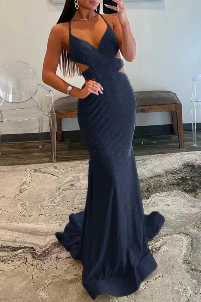Yellow Mermaid Cutout Waist Lace Up Corset Long Beaded Prom Dress