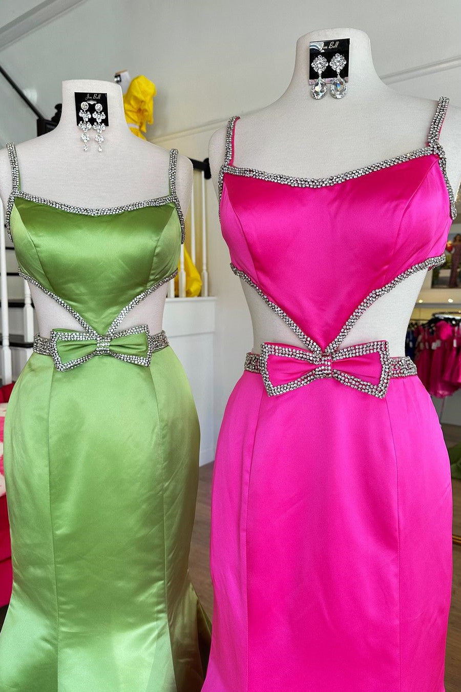 Mermaid Spaghetti Straps Cutout Waist Long Satin Prom Dress With Beading