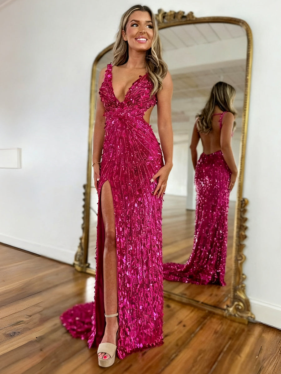 Mermaid V-Neck Backless Long Tight Sequin Prom Dress - VelvetHem