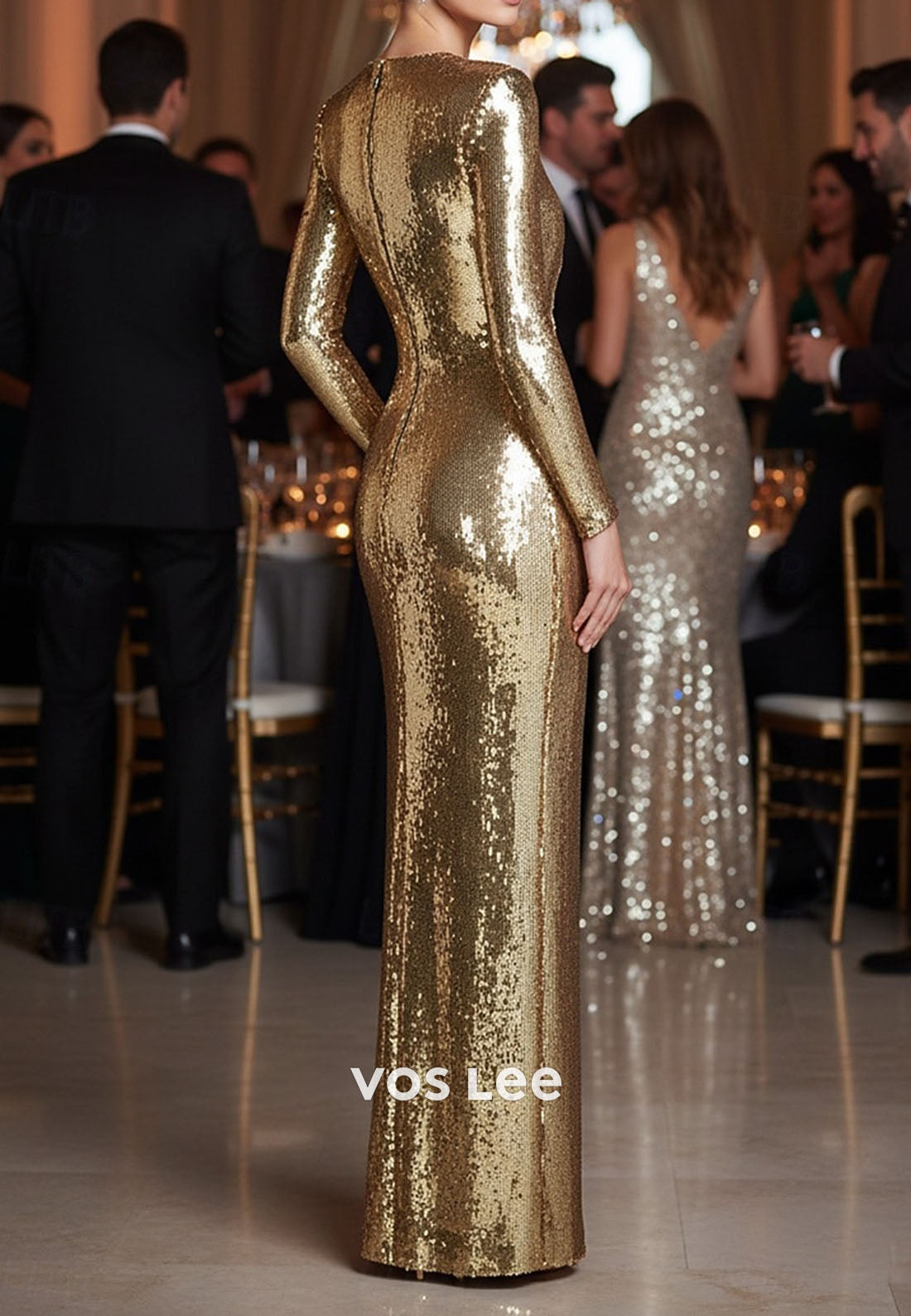 Sequins V Neck Long Sleeve Mermaid Pleat Long Evening Gowns
