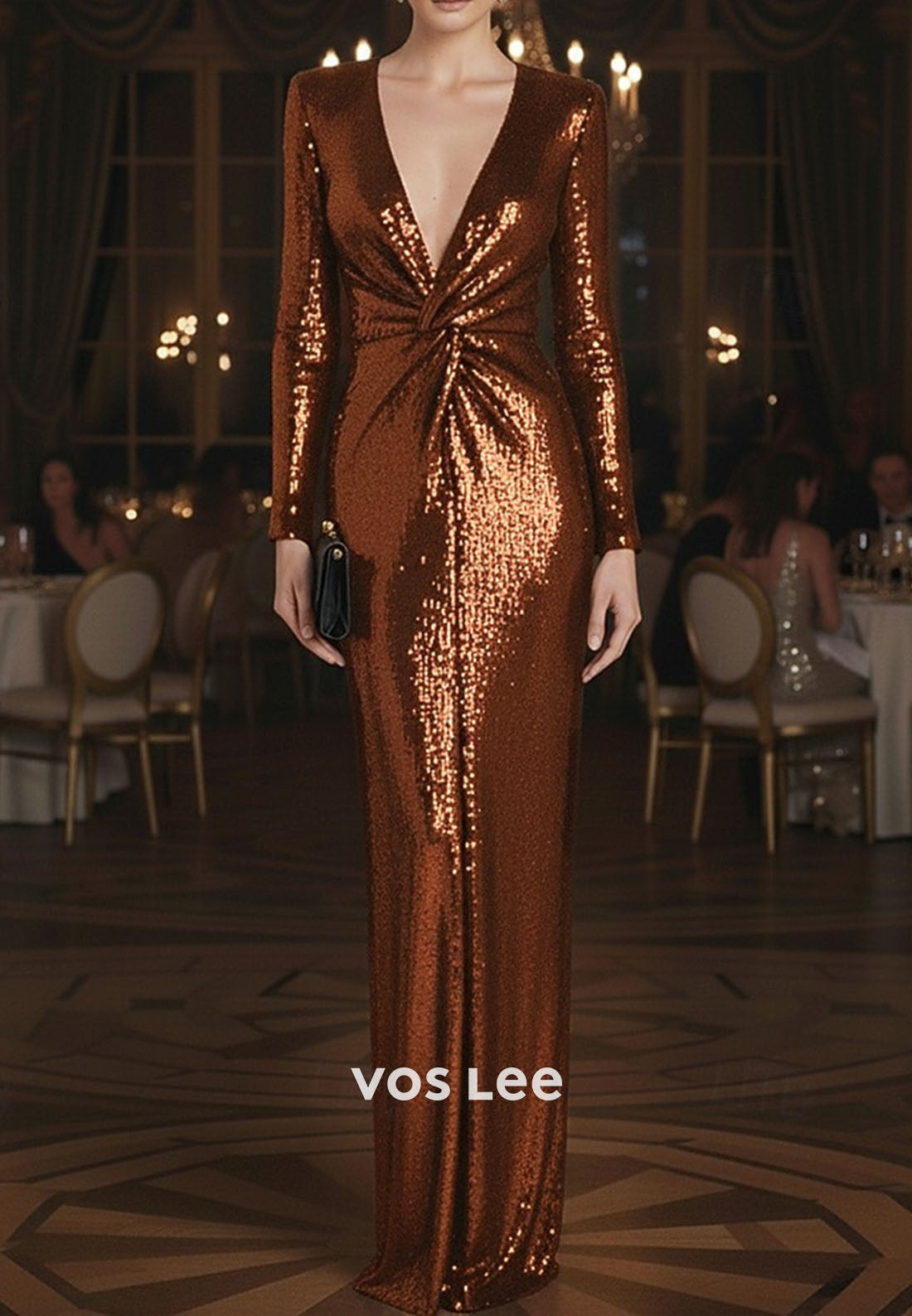 Sequins V Neck Long Sleeve Mermaid Pleat Long Evening Gowns