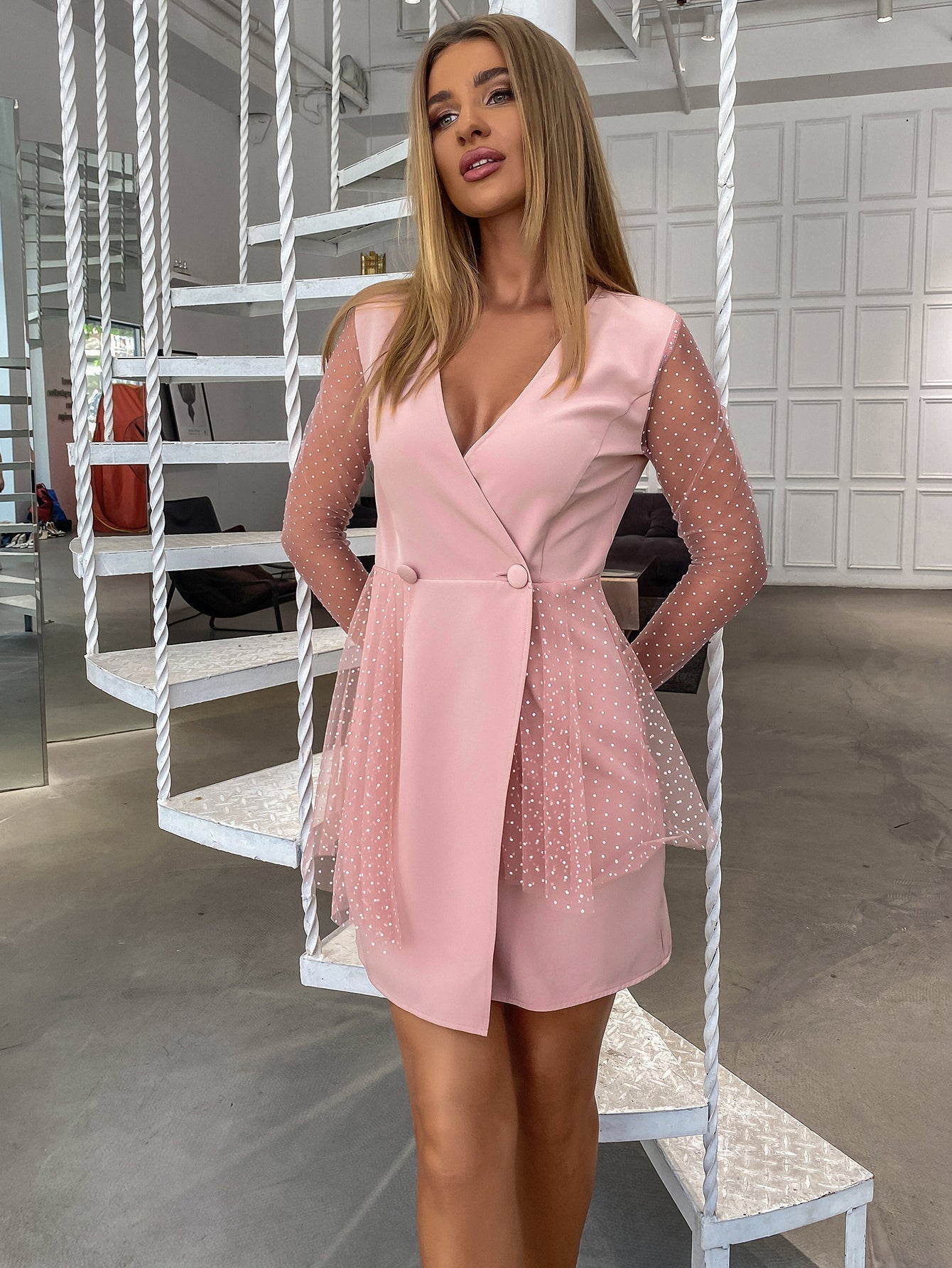 Mesh Sleeve Double Button Wrap Dress