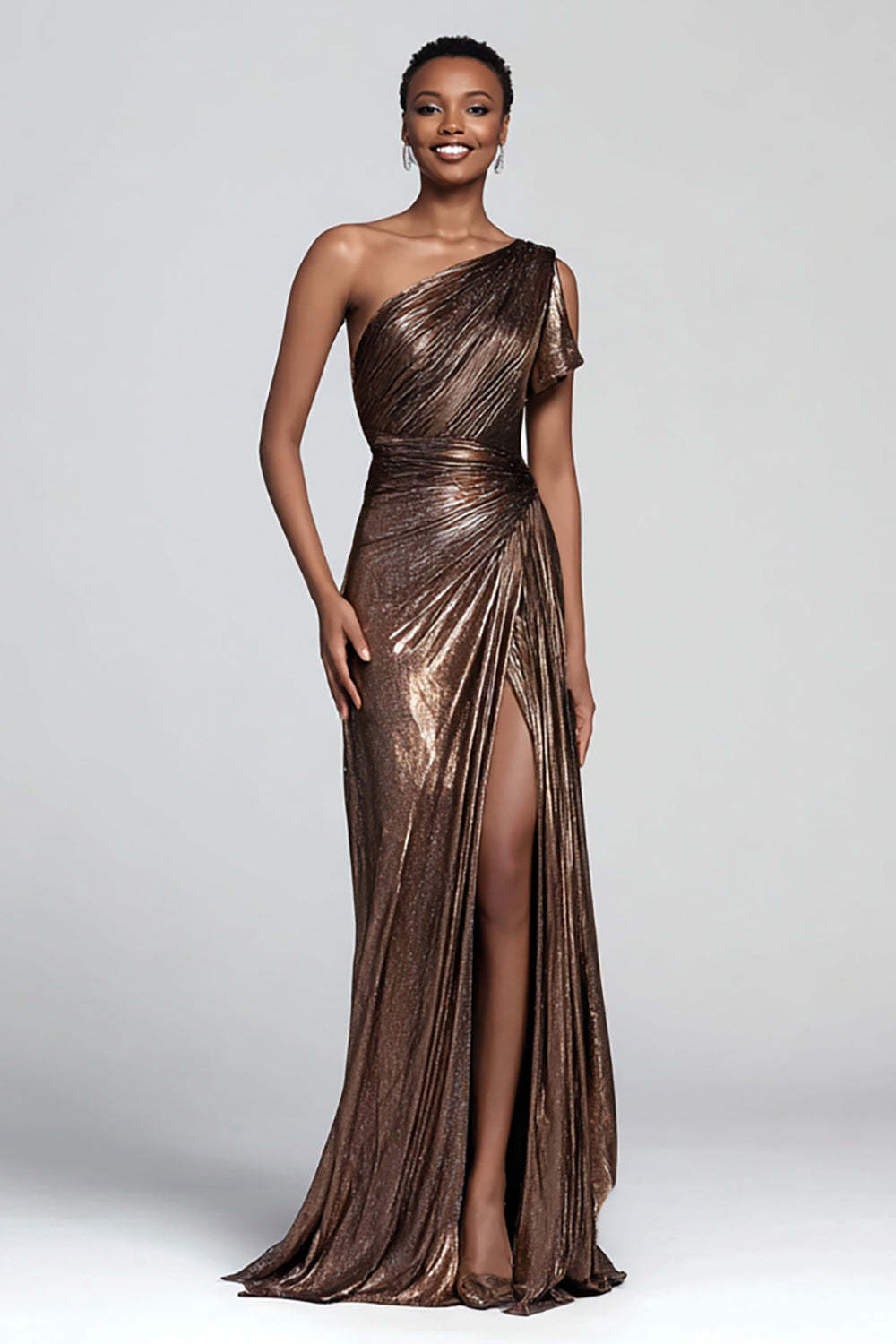 Suzhoufashion Metallic Brown One Shoulder Long Mermaid Prom Dress With Slit