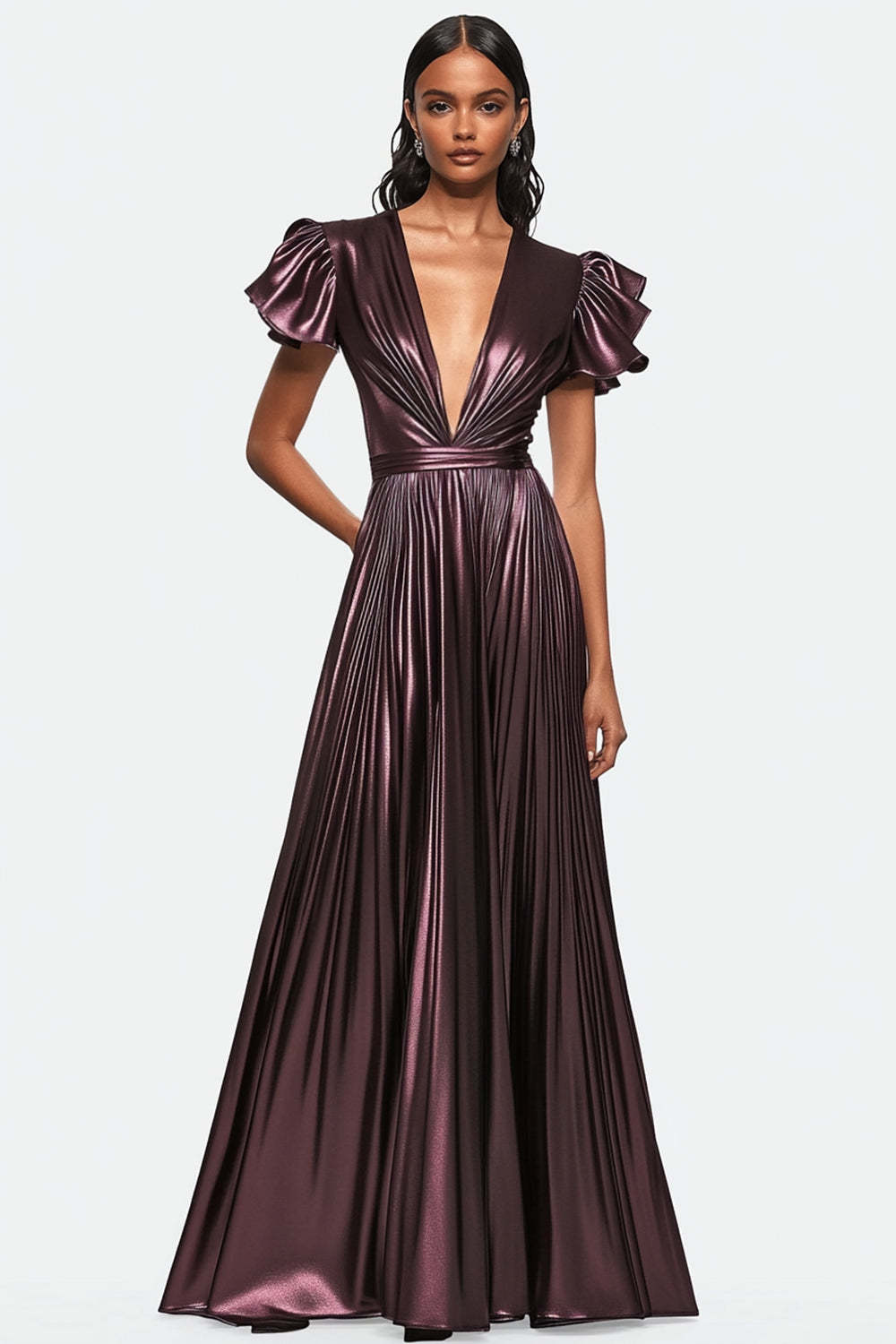 Metallic Dusty Purple Wedding Guest Dress V-Neck Pleated Satin Formal Dress