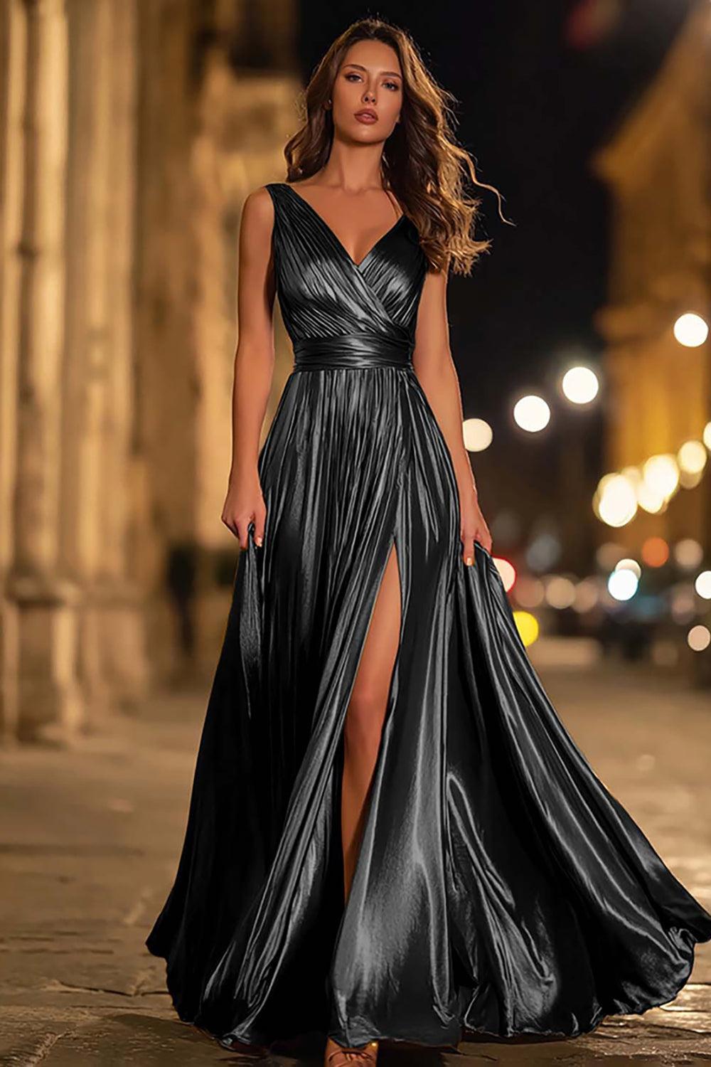 Suzhoufashion Metallic Gold Ruched V-Neck A-Line Long Prom Dress With Slit