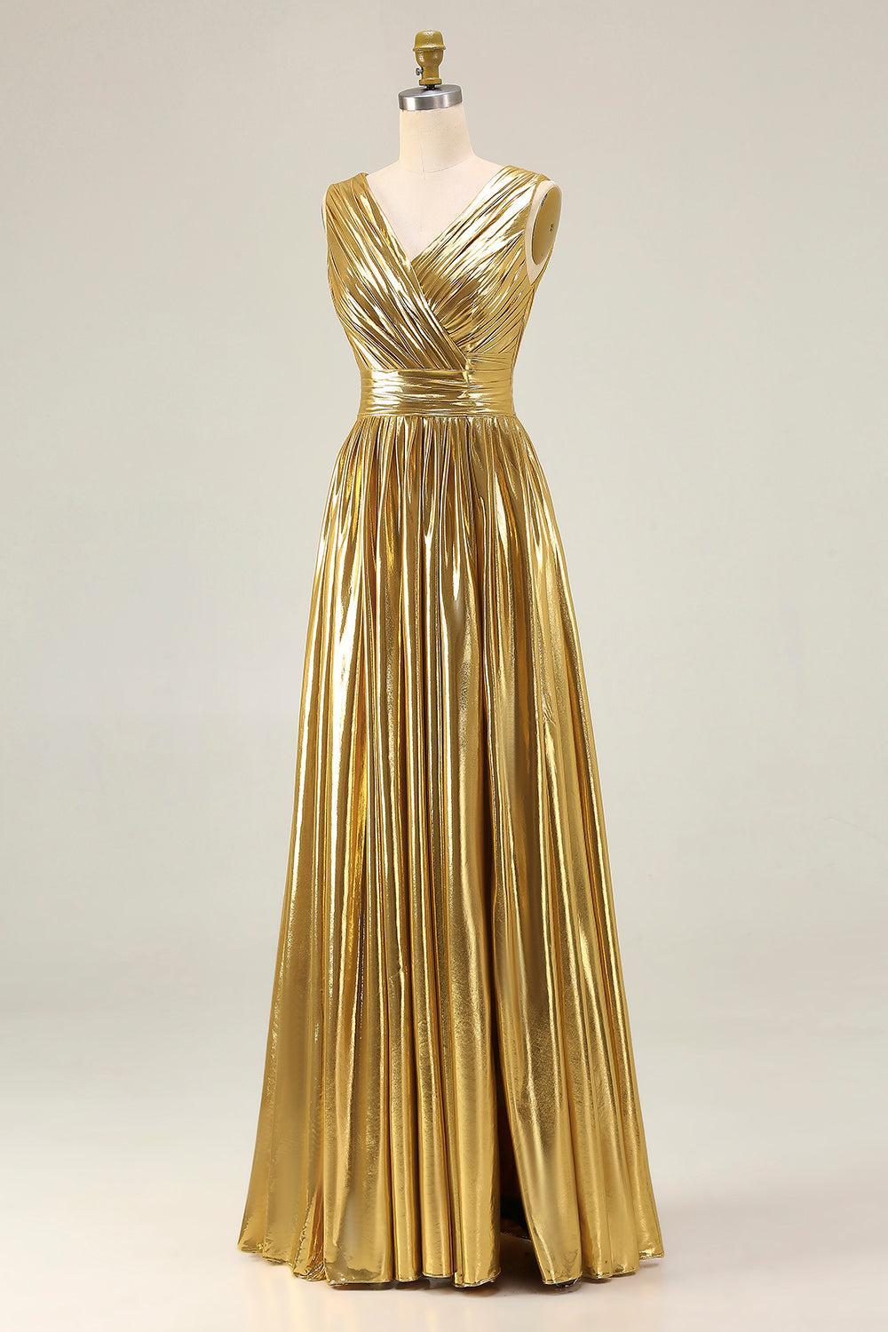 Suzhoufashion Metallic Gold Ruched V-Neck A-Line Long Prom Dress With Slit
