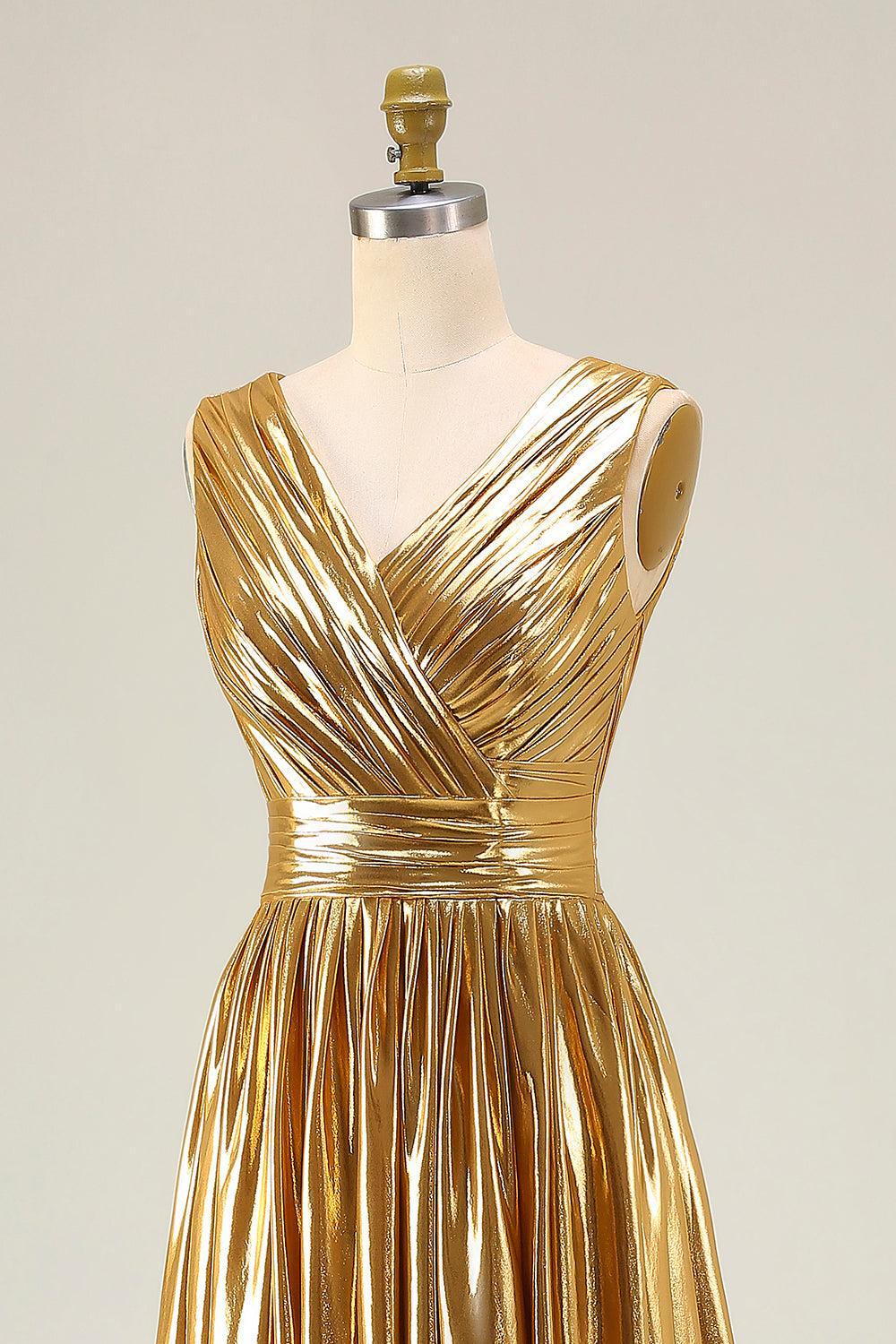 Suzhoufashion Metallic Gold Ruched V-Neck A-Line Long Prom Dress With Slit