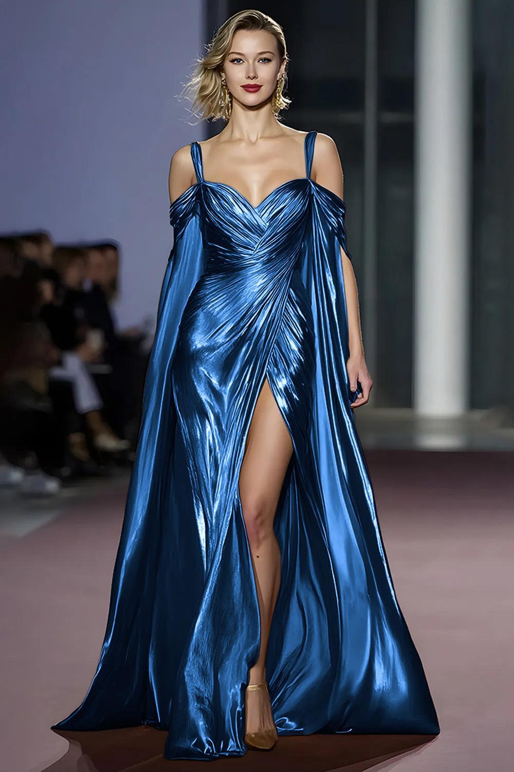 Suzhoufashion Metallic Golden Cold Shoulder Long Gala Dress With Slit