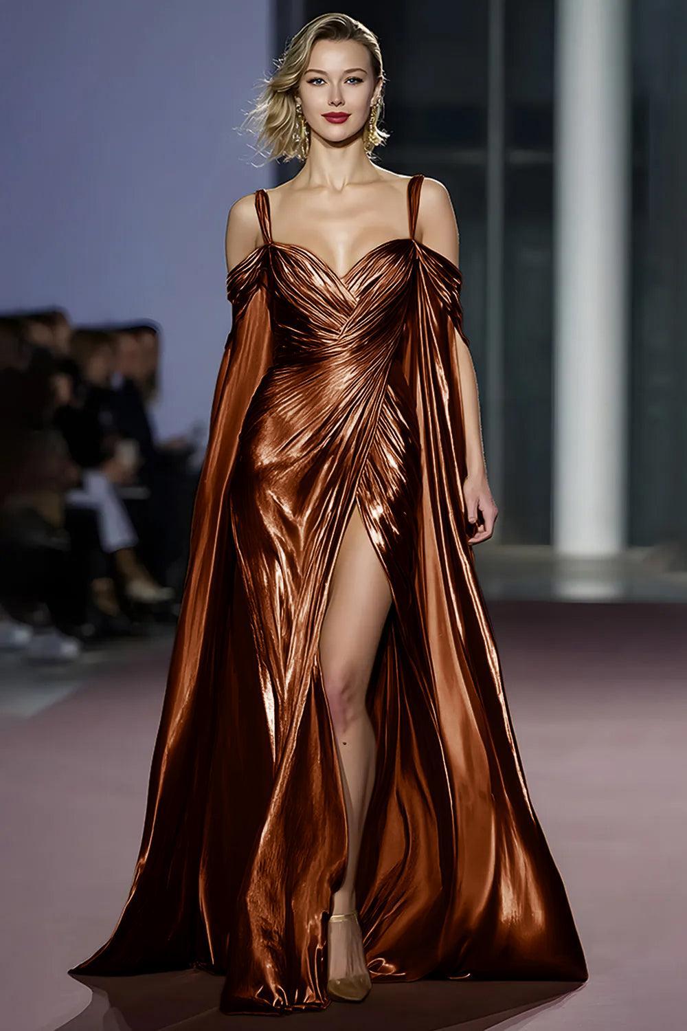 Suzhoufashion Metallic Golden Cold Shoulder Long Gala Dress With Slit