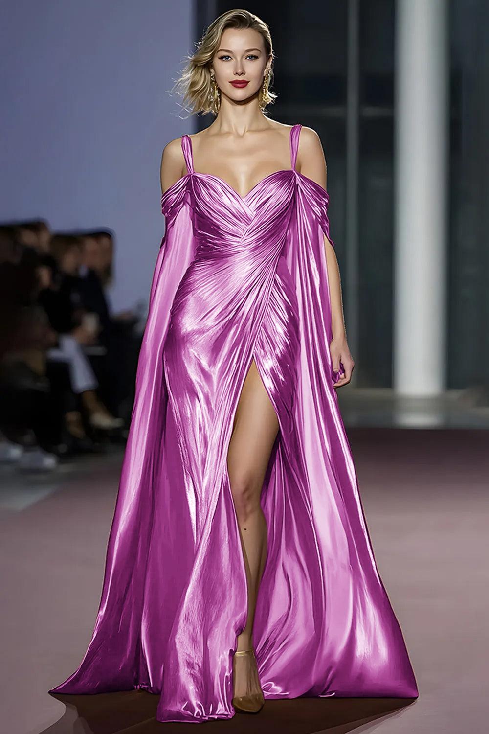 Suzhoufashion Metallic Golden Cold Shoulder Long Gala Dress With Slit