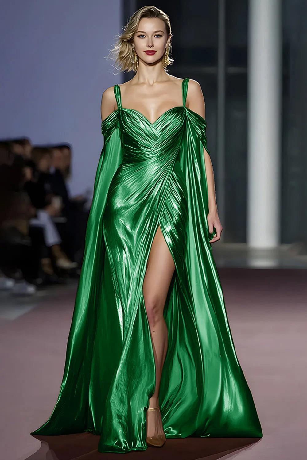 Suzhoufashion Metallic Golden Cold Shoulder Long Gala Dress With Slit