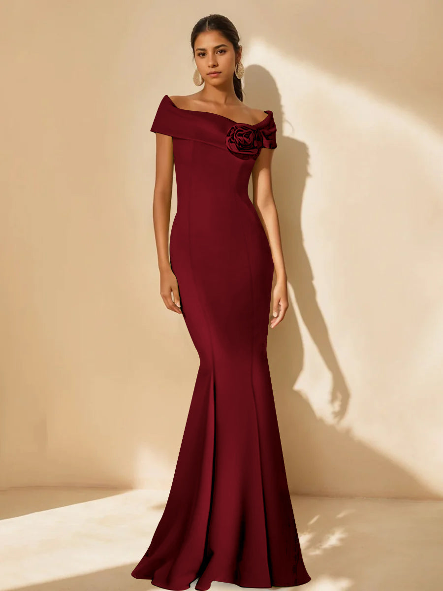 Minimalist Off the Shoulder Mother of the Bride Dress in Trumpet Mermaid Style with Detachable Flower