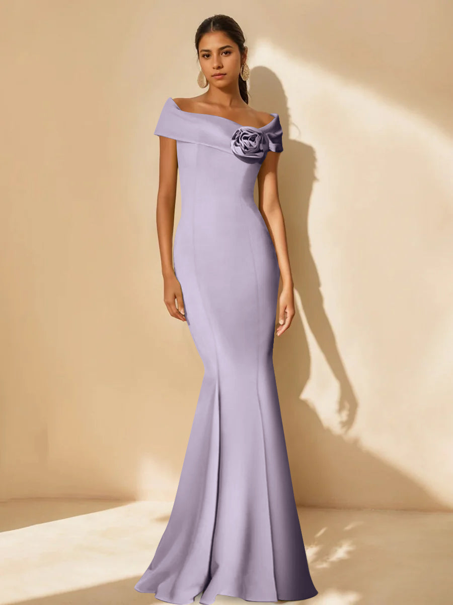 Minimalist Off the Shoulder Mother of the Bride Dress in Trumpet Mermaid Style with Detachable Flower
