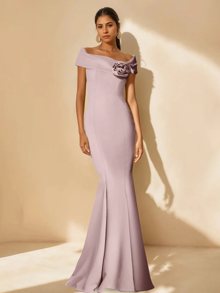 Minimalist Off the Shoulder Mother of the Bride Dress in Trumpet Mermaid Style with Detachable Flower