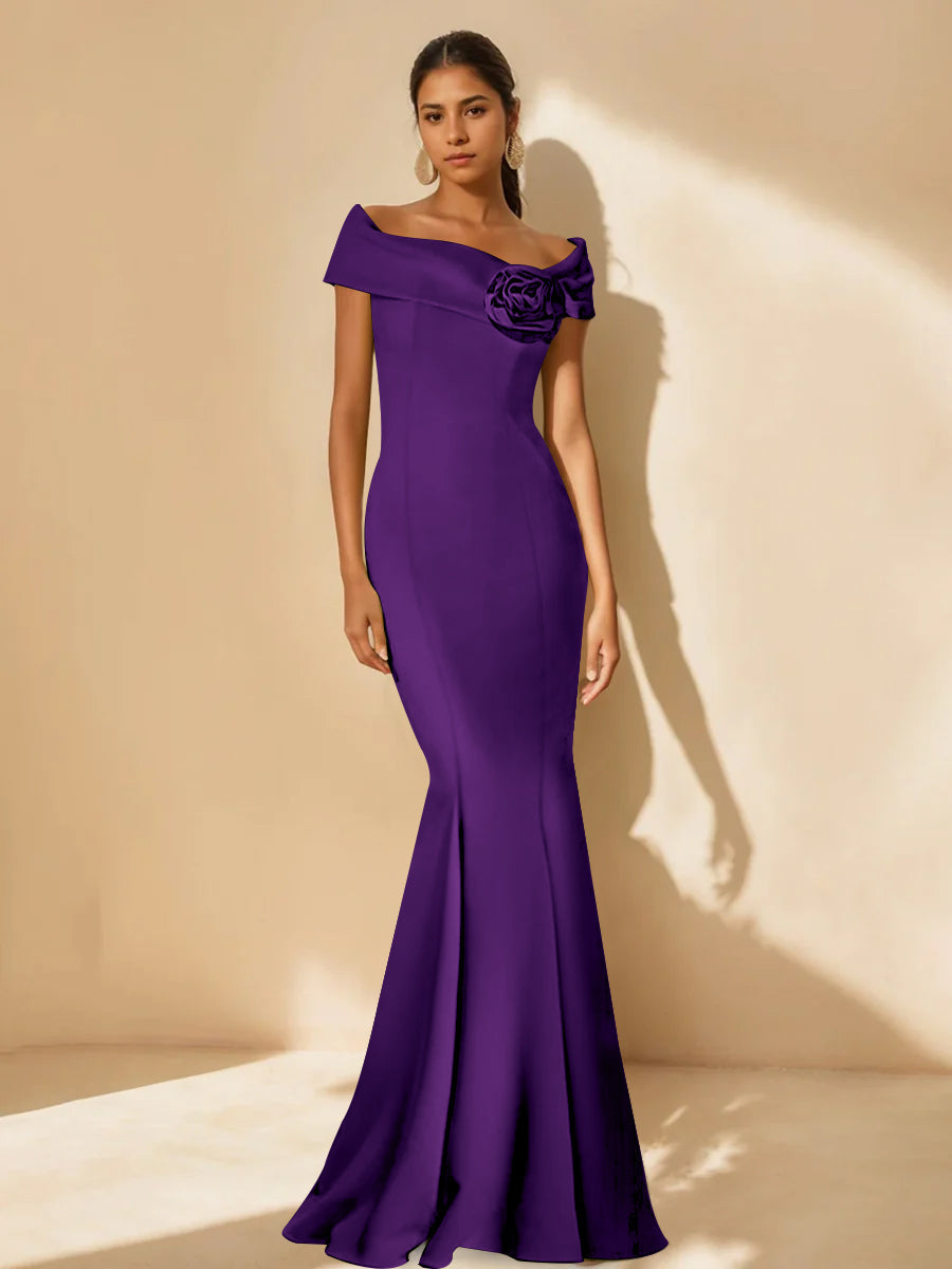 Minimalist Off the Shoulder Mother of the Bride Dress in Trumpet Mermaid Style with Detachable Flower