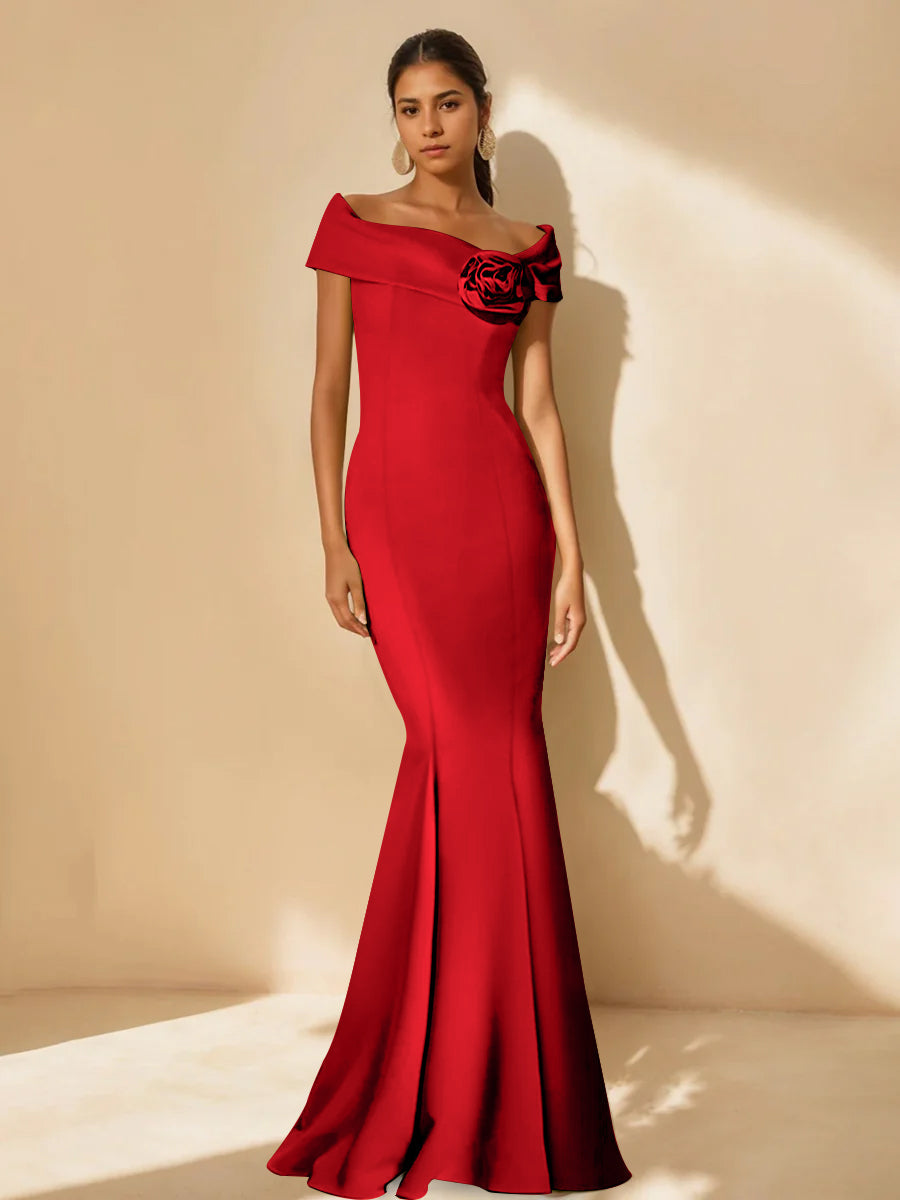 Minimalist Off the Shoulder Mother of the Bride Dress in Trumpet Mermaid Style with Detachable Flower