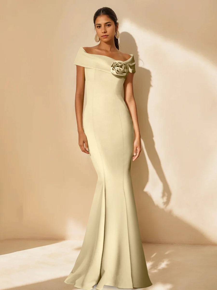 Minimalist Off the Shoulder Mother of the Bride Dress in Trumpet Mermaid Style with Detachable Flower