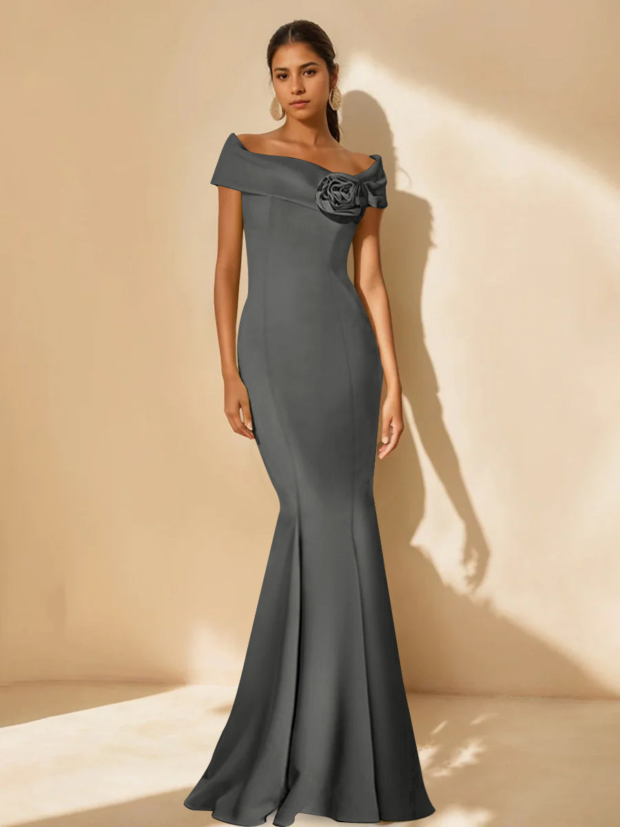 Minimalist Off the Shoulder Mother of the Bride Dress in Trumpet Mermaid Style with Detachable Flower