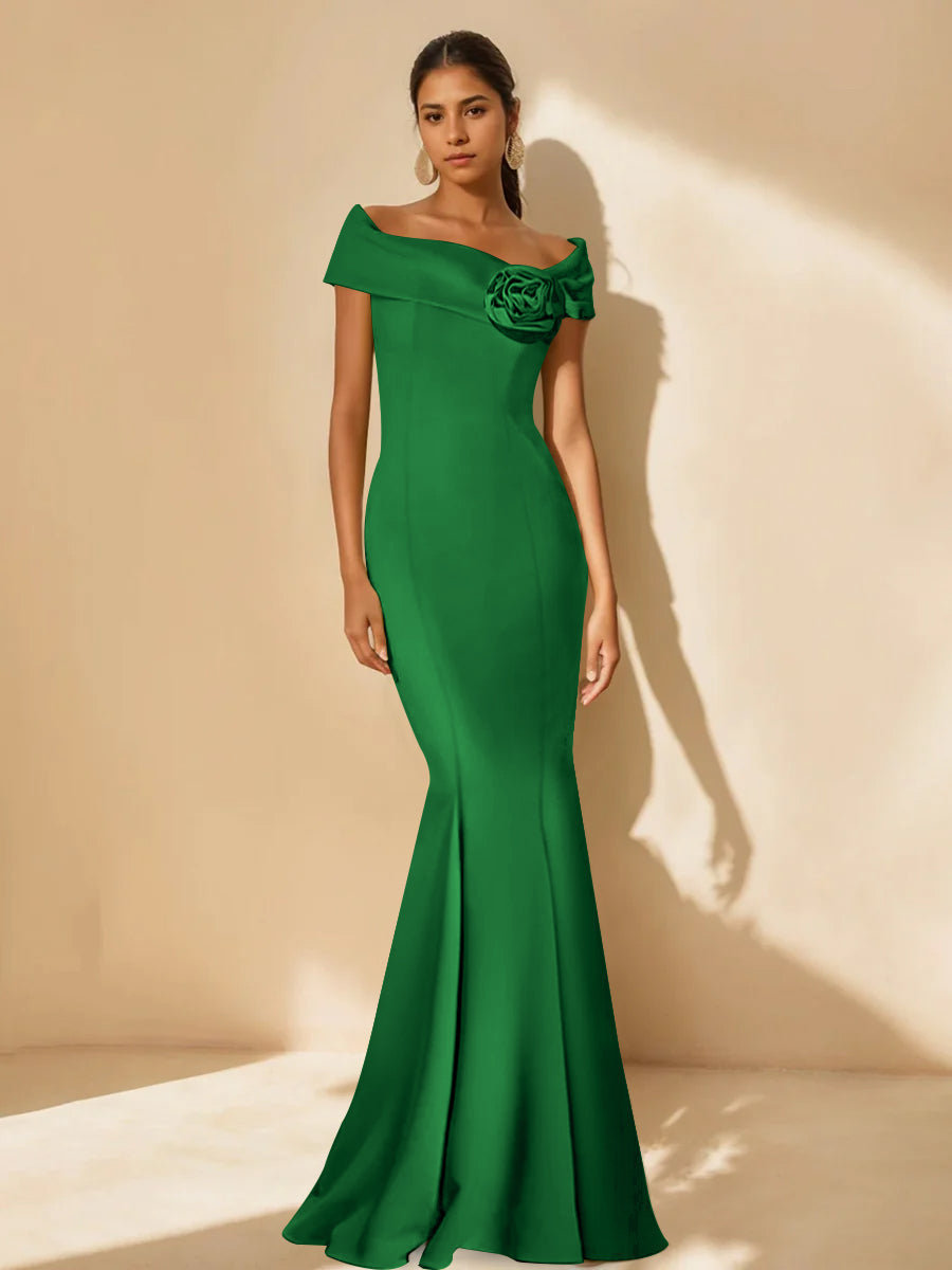 Minimalist Off the Shoulder Mother of the Bride Dress in Trumpet Mermaid Style with Detachable Flower