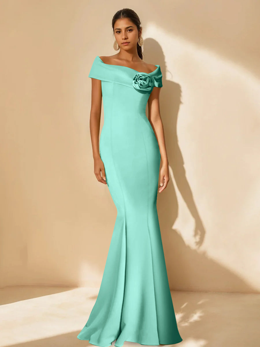Minimalist Off the Shoulder Mother of the Bride Dress in Trumpet Mermaid Style with Detachable Flower