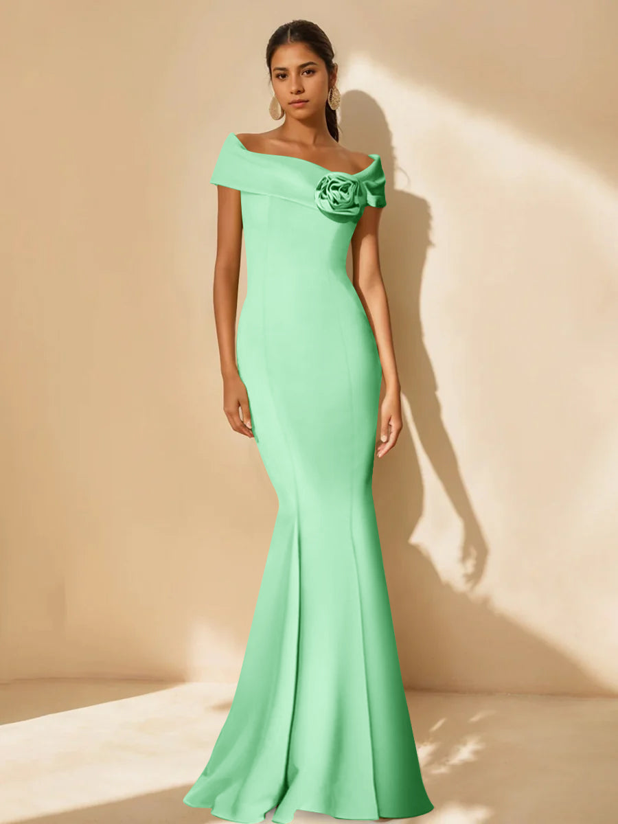 Minimalist Off the Shoulder Mother of the Bride Dress in Trumpet Mermaid Style with Detachable Flower