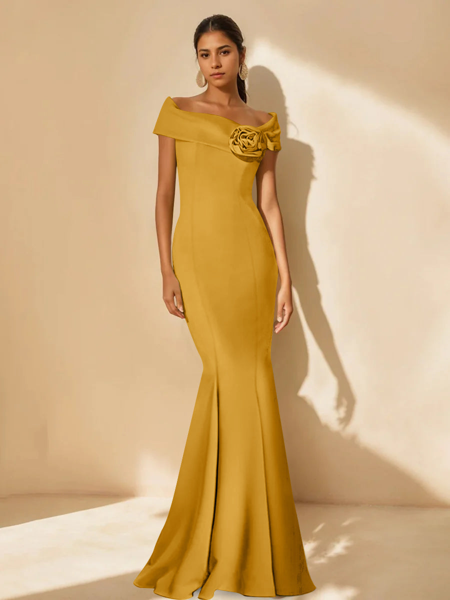 Minimalist Off the Shoulder Mother of the Bride Dress in Trumpet Mermaid Style with Detachable Flower