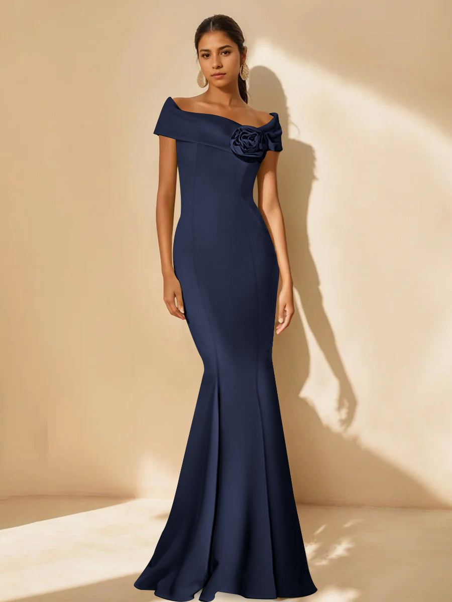 Minimalist Off the Shoulder Mother of the Bride Dress in Trumpet Mermaid Style with Detachable Flower