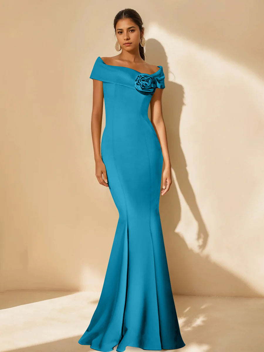 Minimalist Off the Shoulder Mother of the Bride Dress in Trumpet Mermaid Style with Detachable Flower