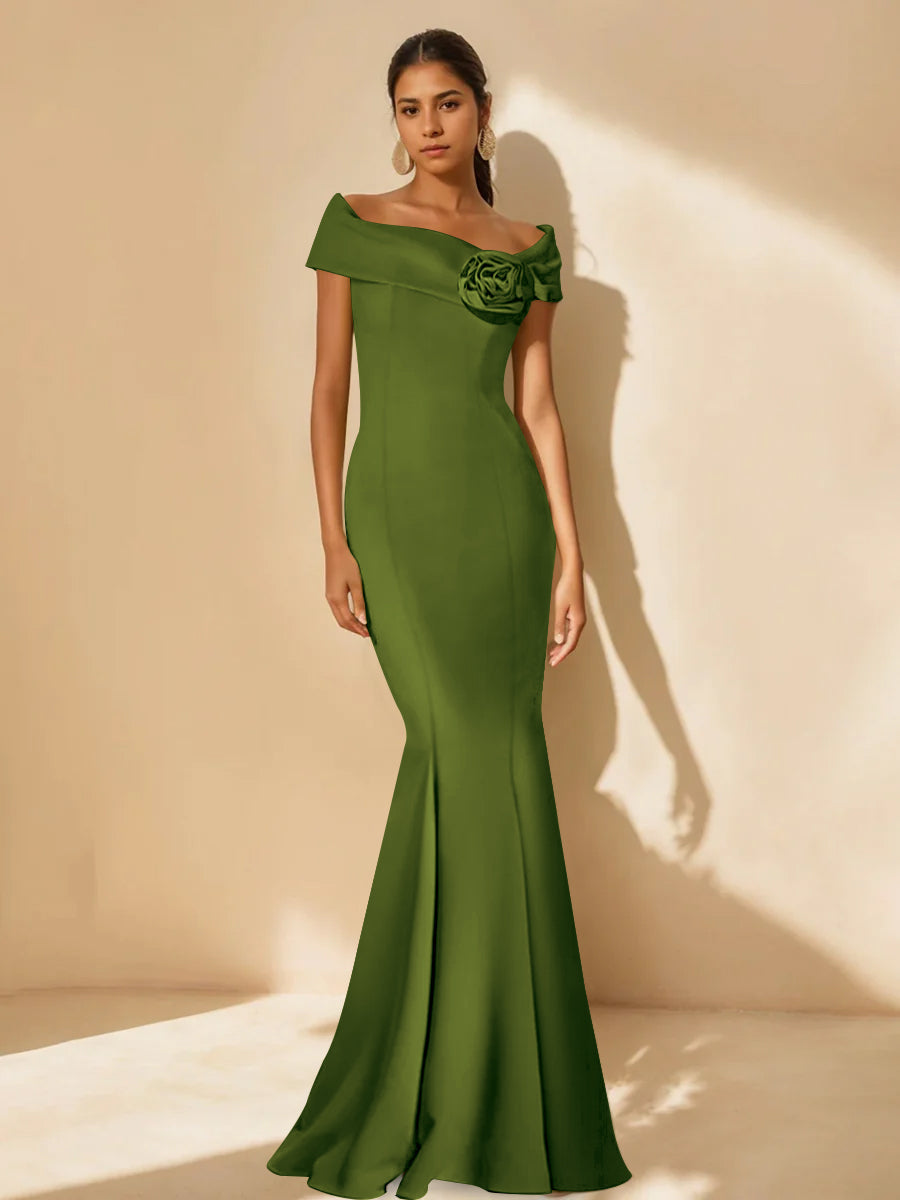 Minimalist Off the Shoulder Mother of the Bride Dress in Trumpet Mermaid Style with Detachable Flower