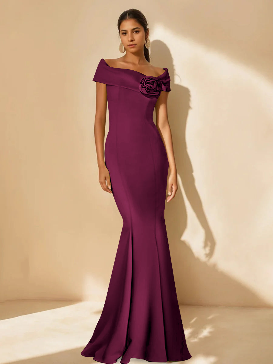 Minimalist Off the Shoulder Mother of the Bride Dress in Trumpet Mermaid Style with Detachable Flower