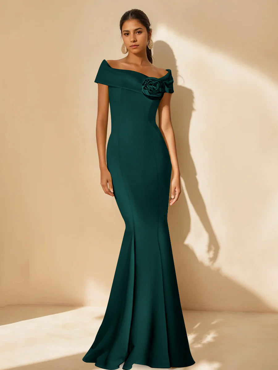 Minimalist Off the Shoulder Mother of the Bride Dress in Trumpet Mermaid Style with Detachable Flower