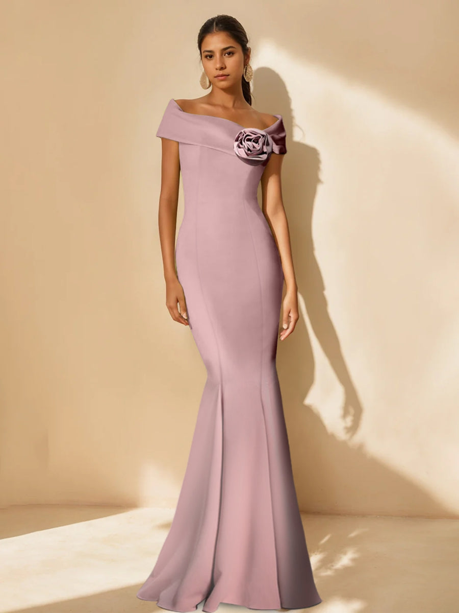 Minimalist Off the Shoulder Mother of the Bride Dress in Trumpet Mermaid Style with Detachable Flower